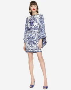 Short majolica-print charmeuse dress