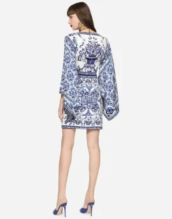 Short majolica-print charmeuse dress