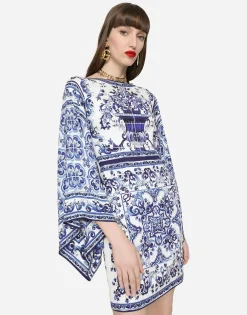 Short majolica-print charmeuse dress
