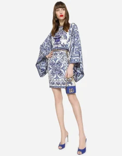 Short majolica-print charmeuse dress
