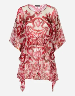 Short Majolica-print chiffon caftan