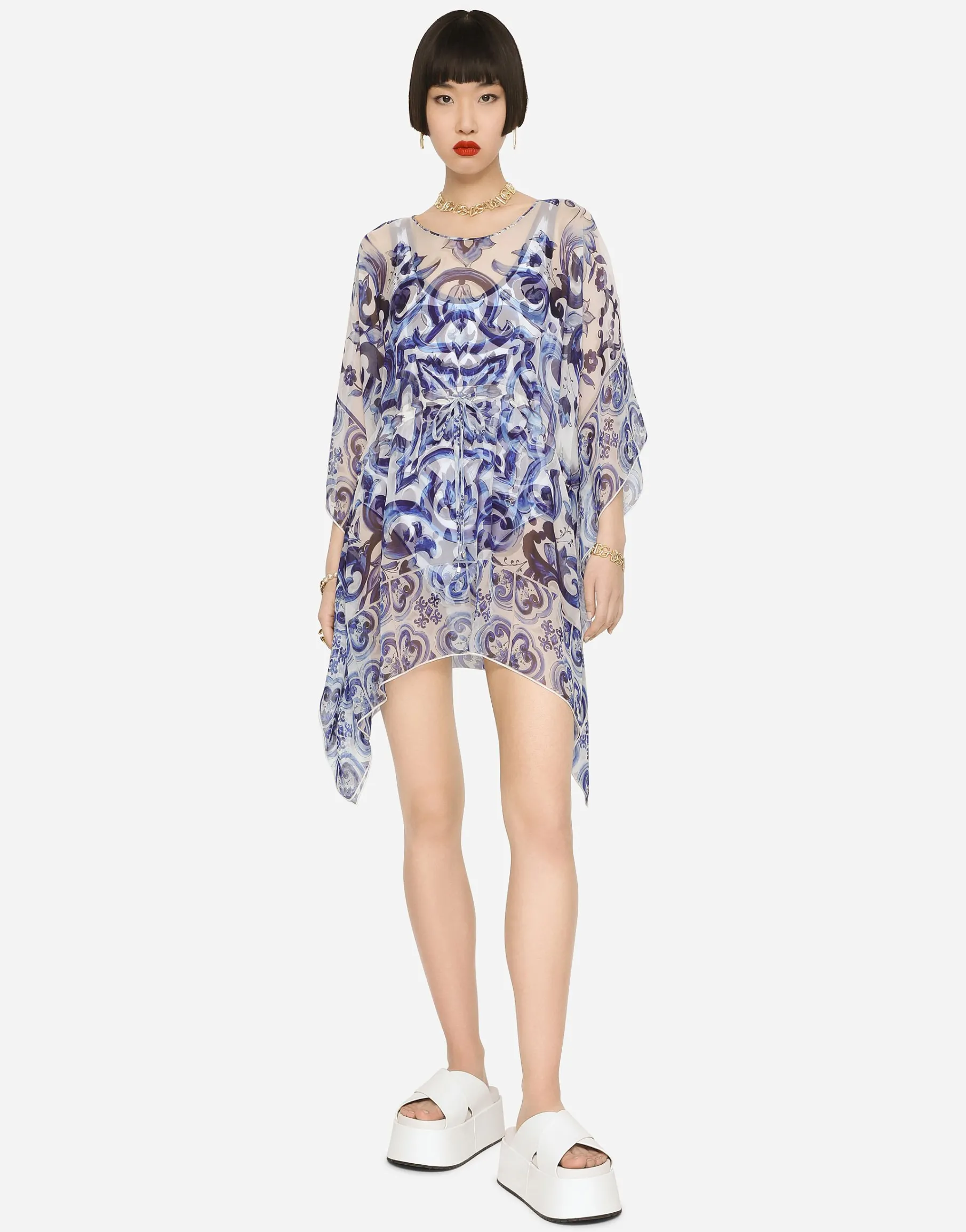 Short majolica-print chiffon caftan