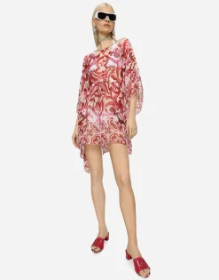 Short Majolica-print chiffon caftan