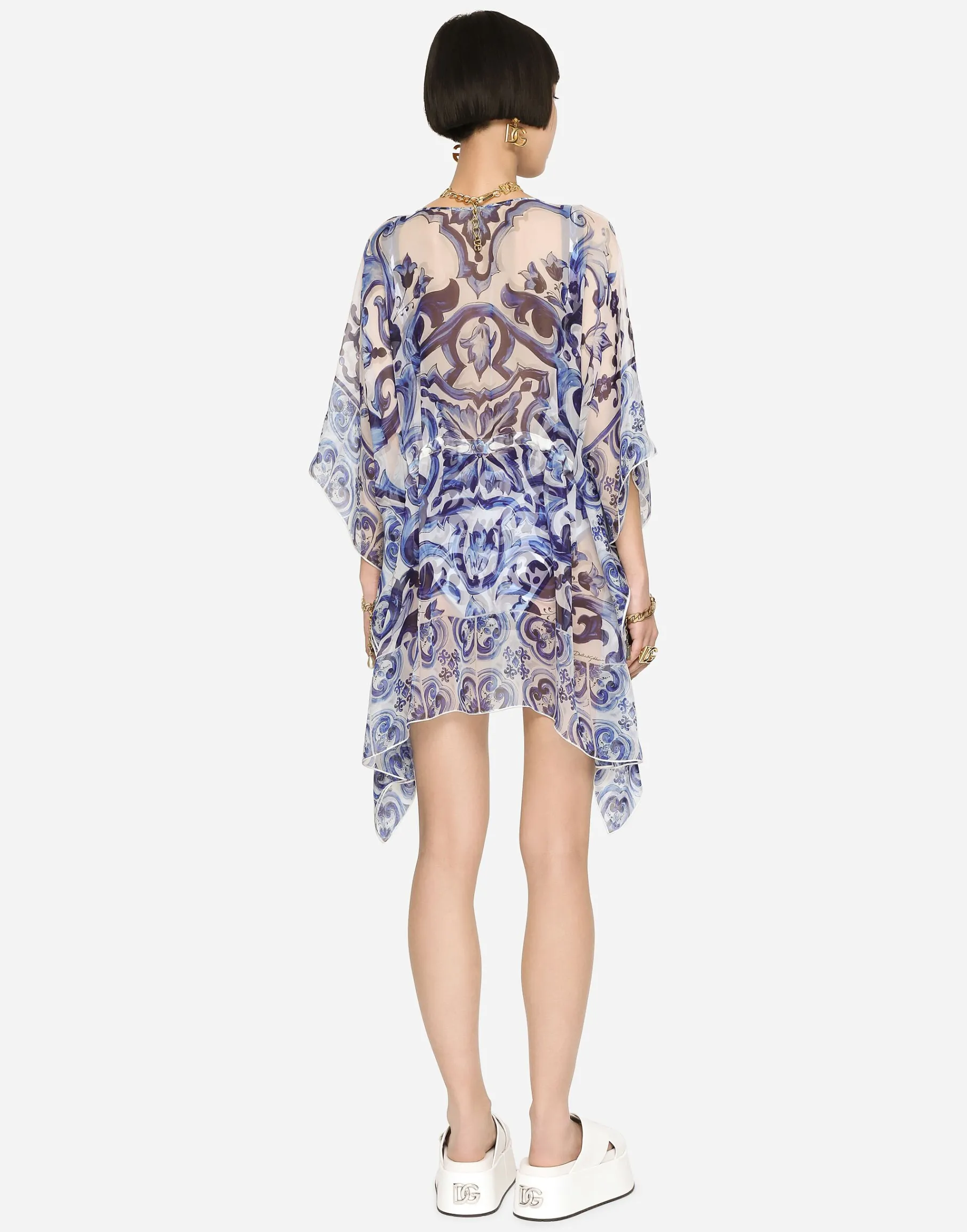 Short majolica-print chiffon caftan
