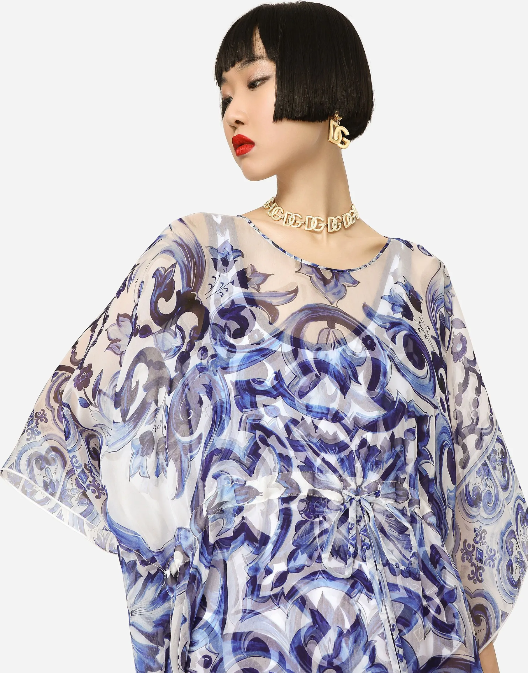 Short majolica-print chiffon caftan