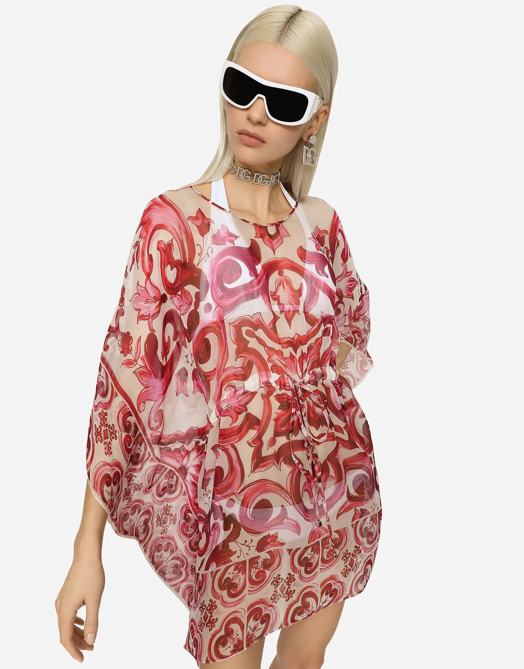 Short Majolica-print chiffon caftan