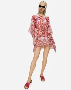 Short Majolica-print chiffon caftan