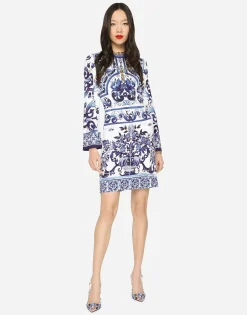 Short majolica-print organzine dress