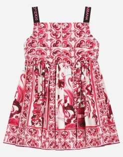 Short majolica-print poplin dress