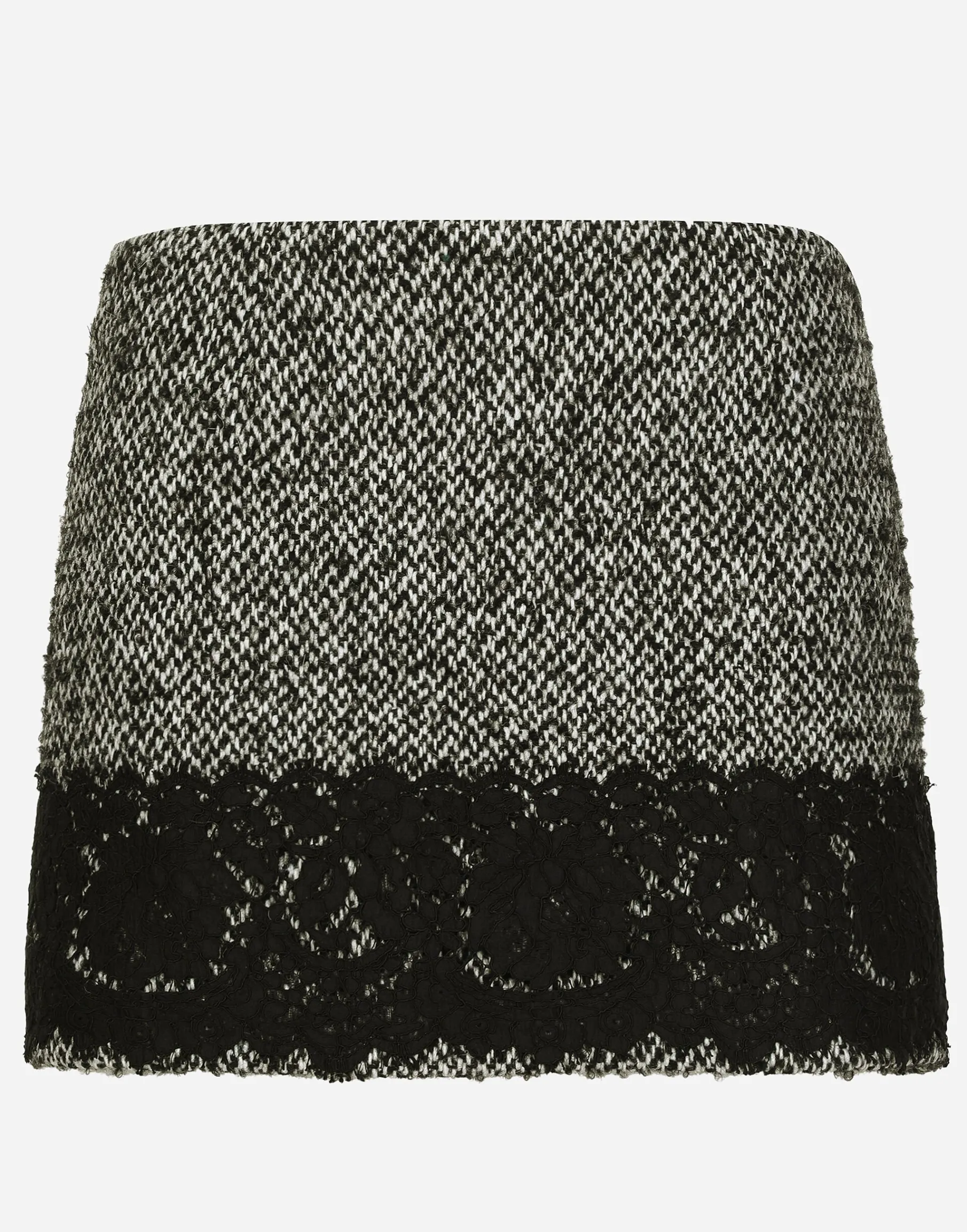 Short micro-tweed skirt with lace insert