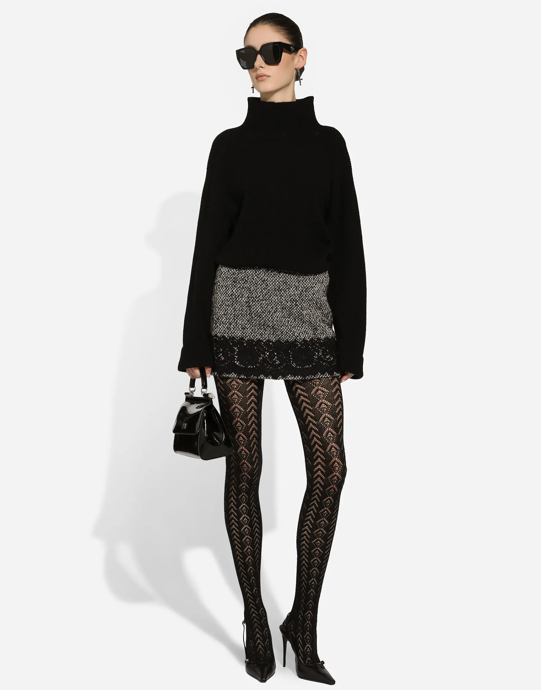 Short micro-tweed skirt with lace insert