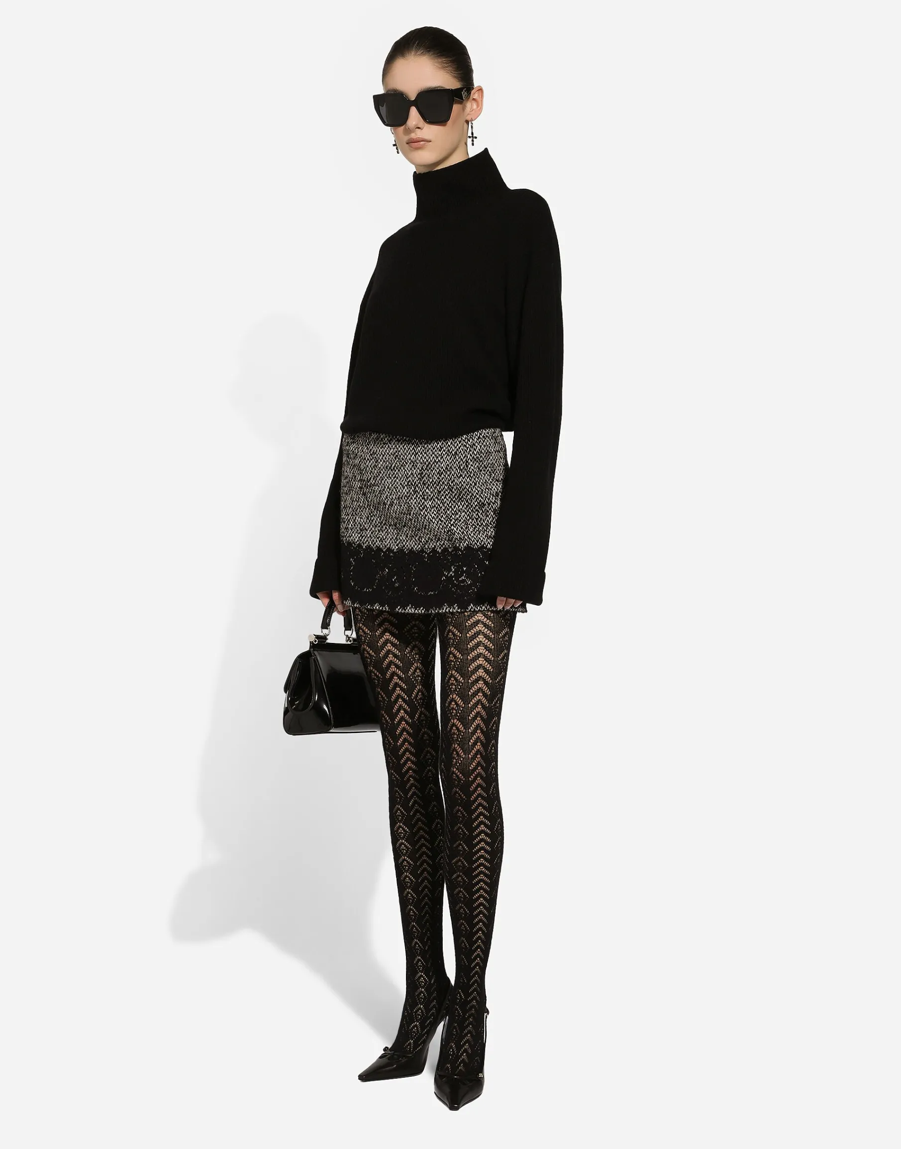 Short micro-tweed skirt with lace insert