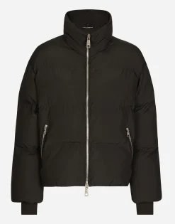 Short nylon down jacket with branded tag