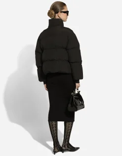 Short nylon down jacket with branded tag