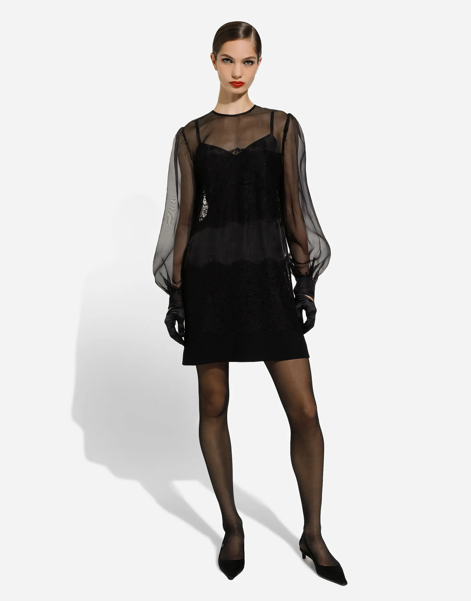 Short organza dress with lace inlay