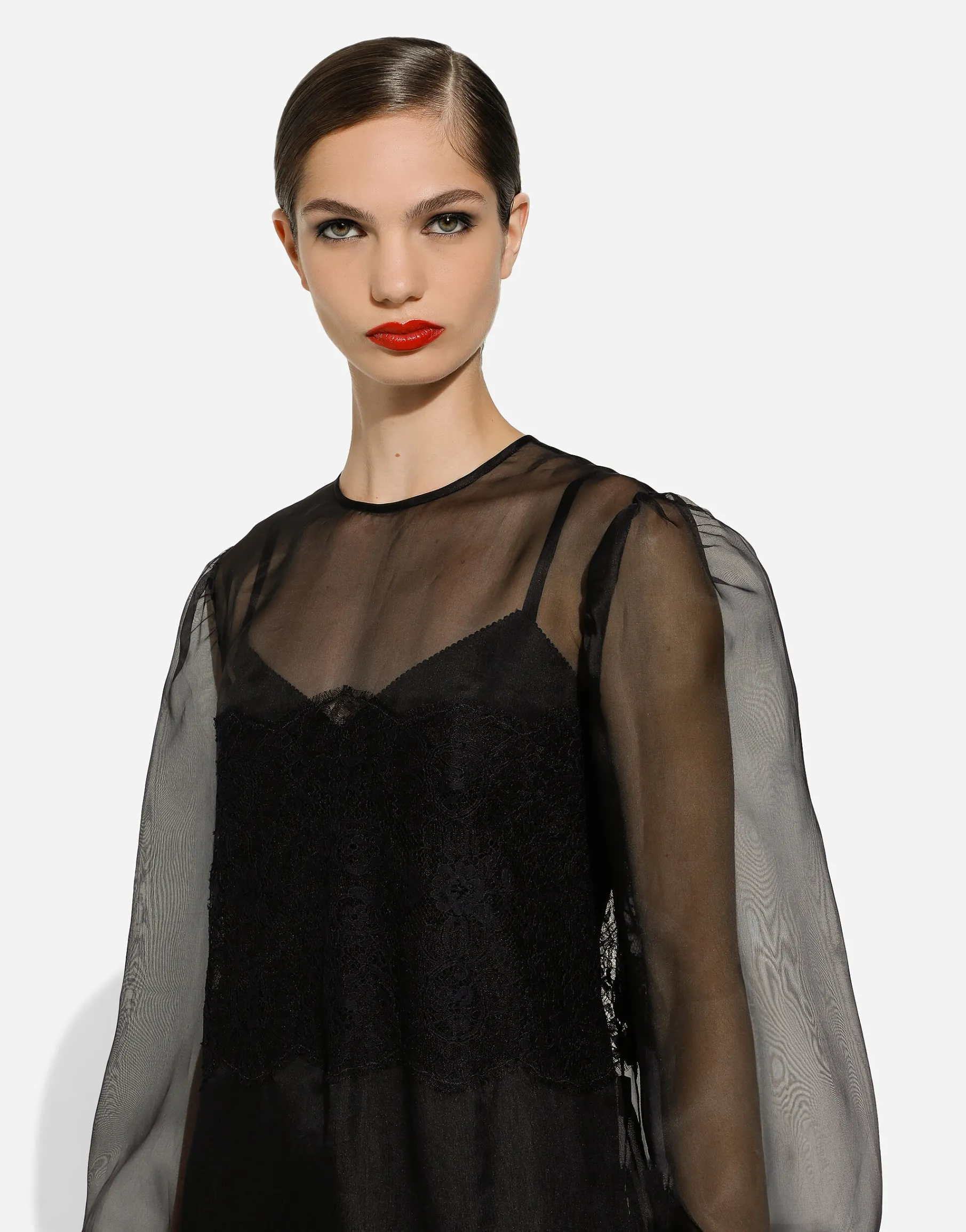 Short organza dress with lace inlay