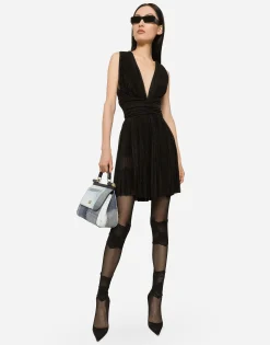 Short pleated lurex mesh dress