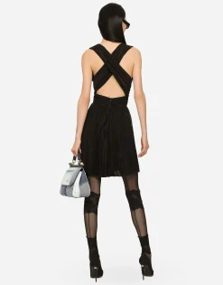 Short pleated lurex mesh dress