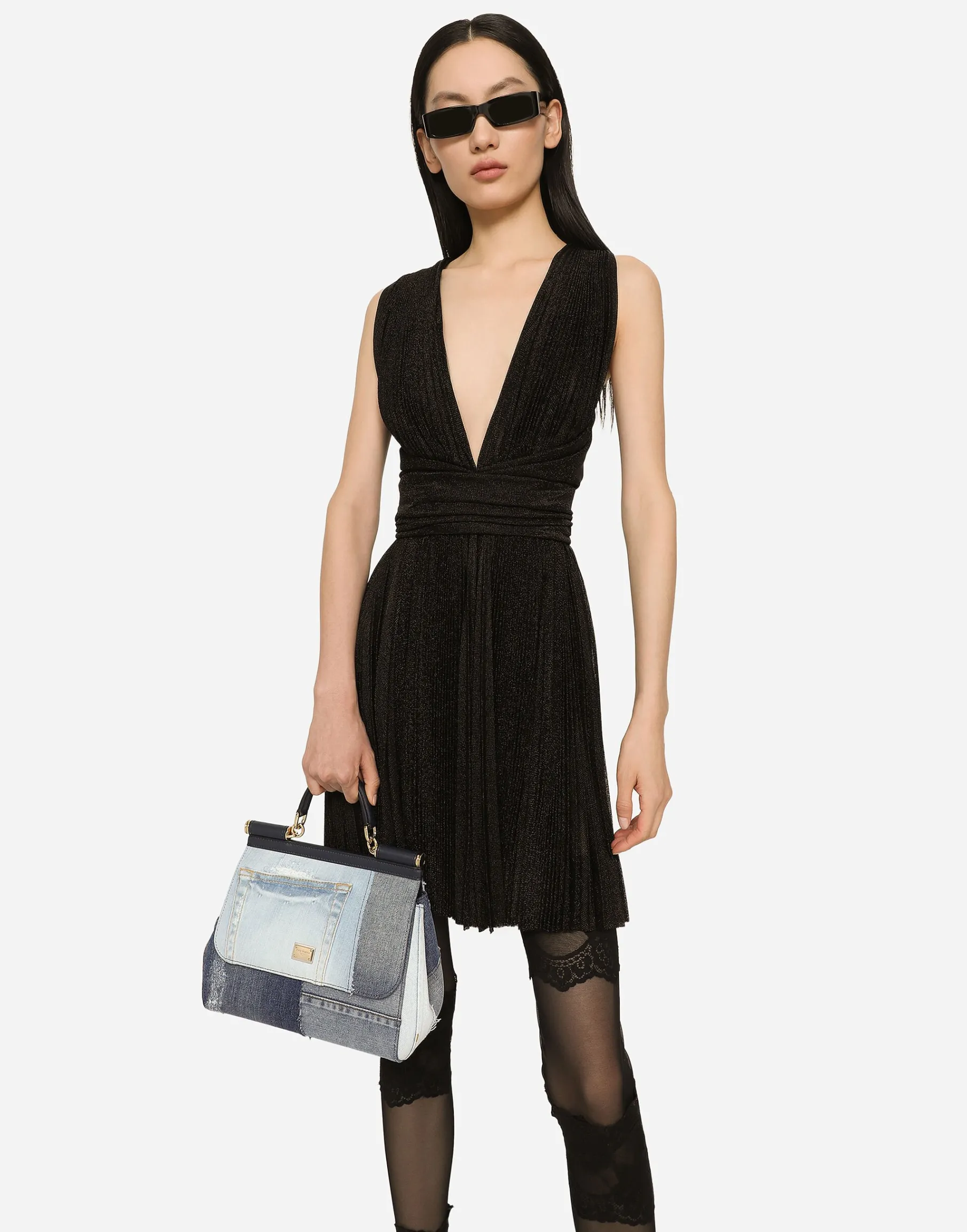 Short pleated lurex mesh dress