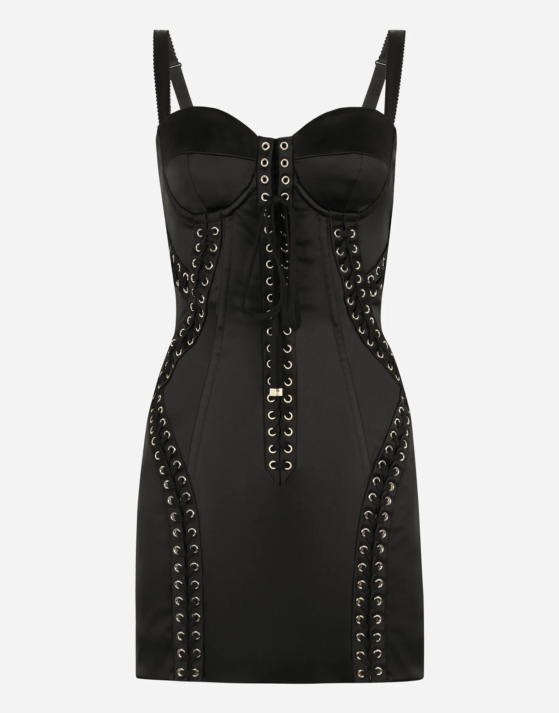 Short satin dress with laces and eyelets