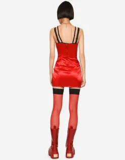 Short satin dress with lace details