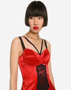 Short satin dress with lace details