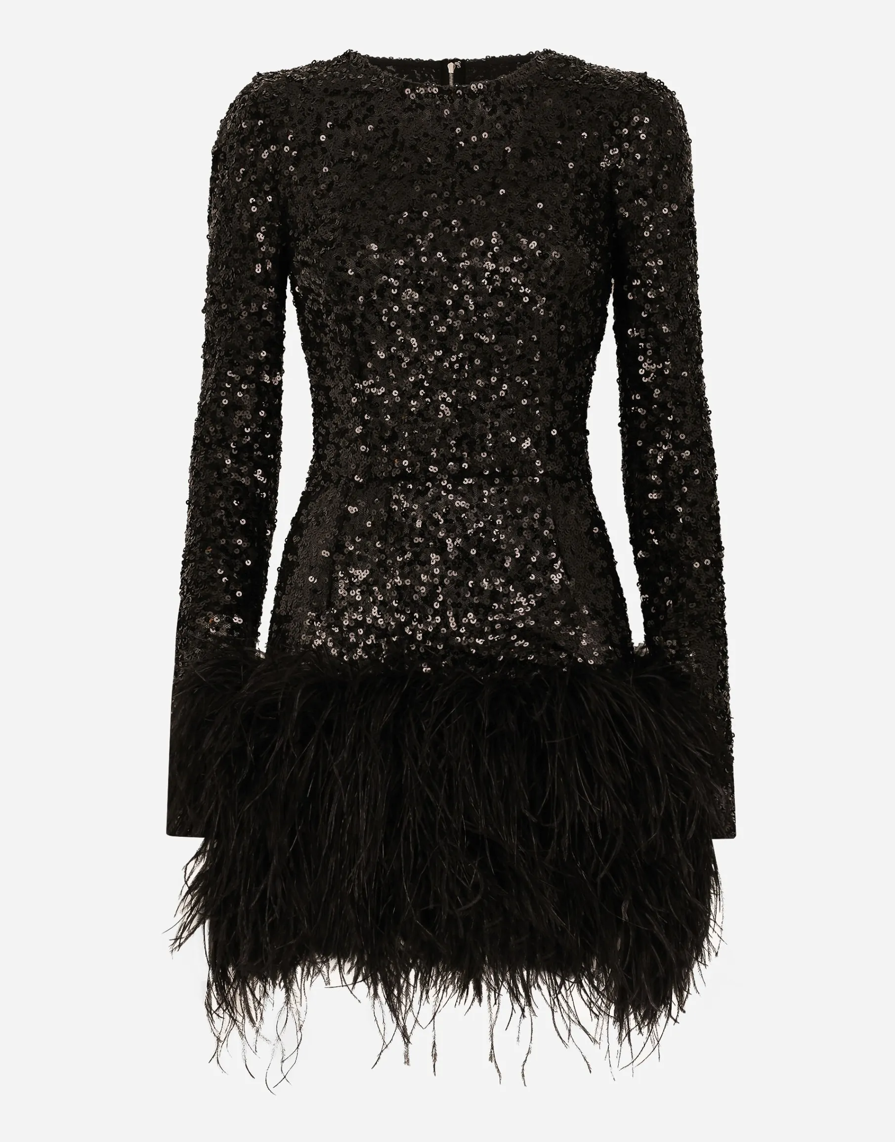 Short sequined dress with feather trim