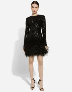 Short sequined dress with feather trim