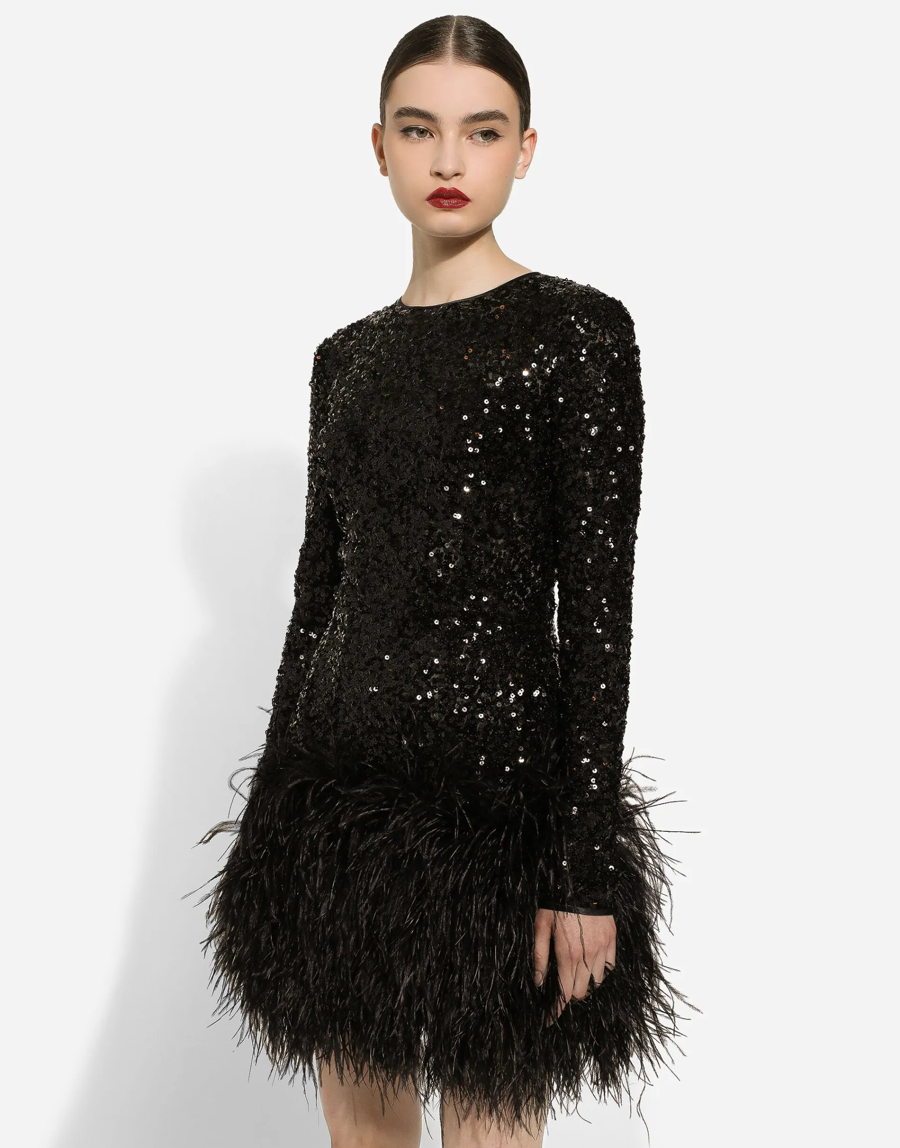 Short sequined dress with feather trim