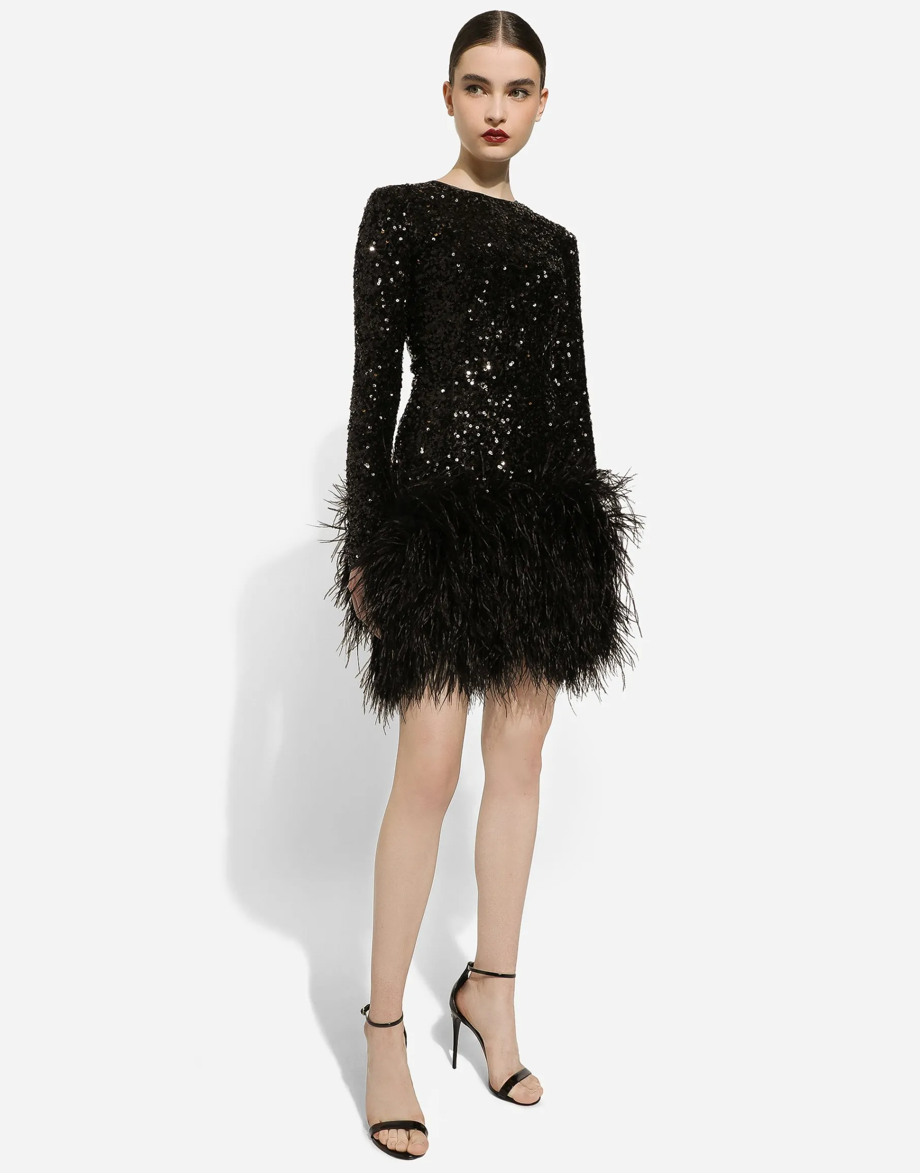 Short sequined dress with feather trim