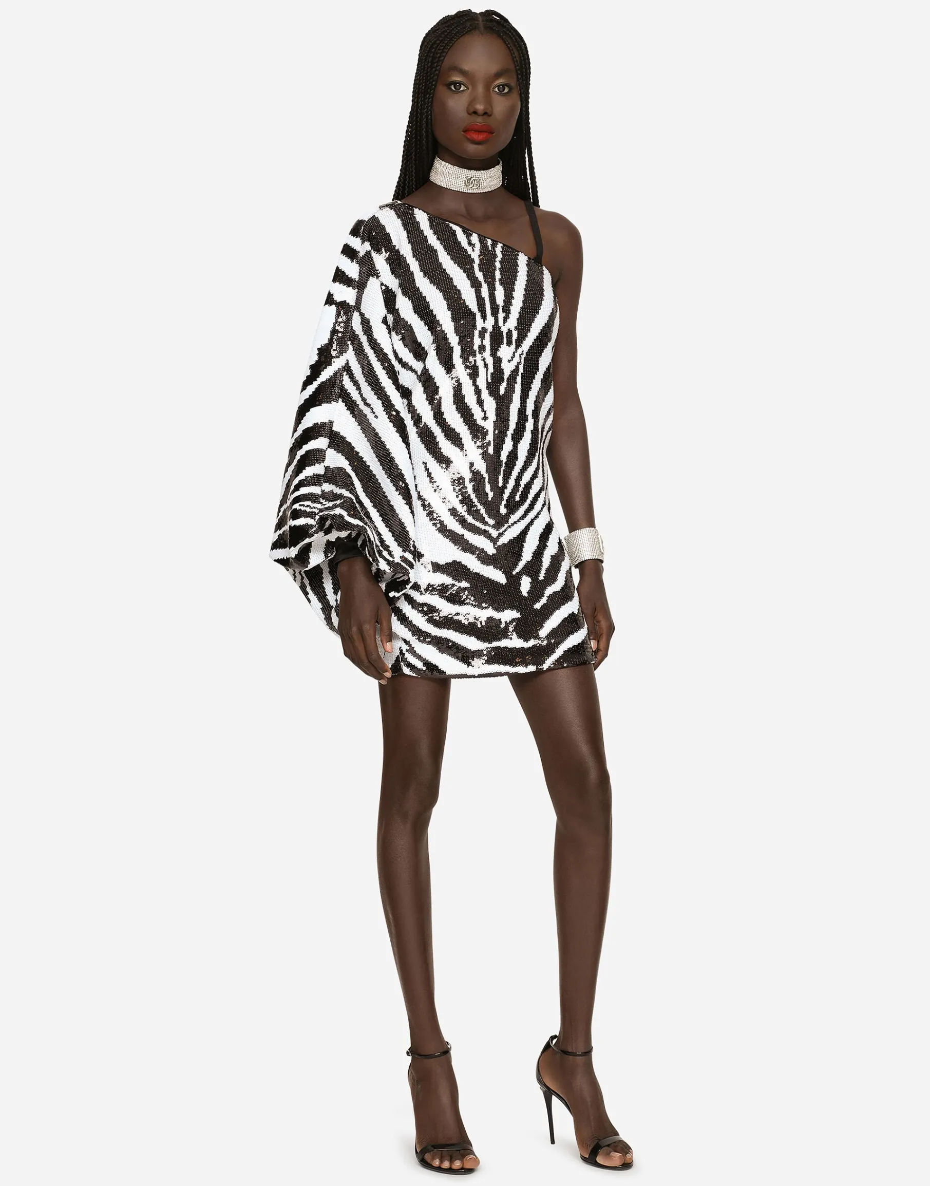 Short sequined one-shoulder dress with zebra print