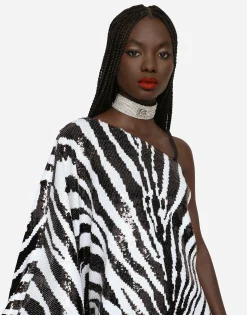 Short sequined one-shoulder dress with zebra print
