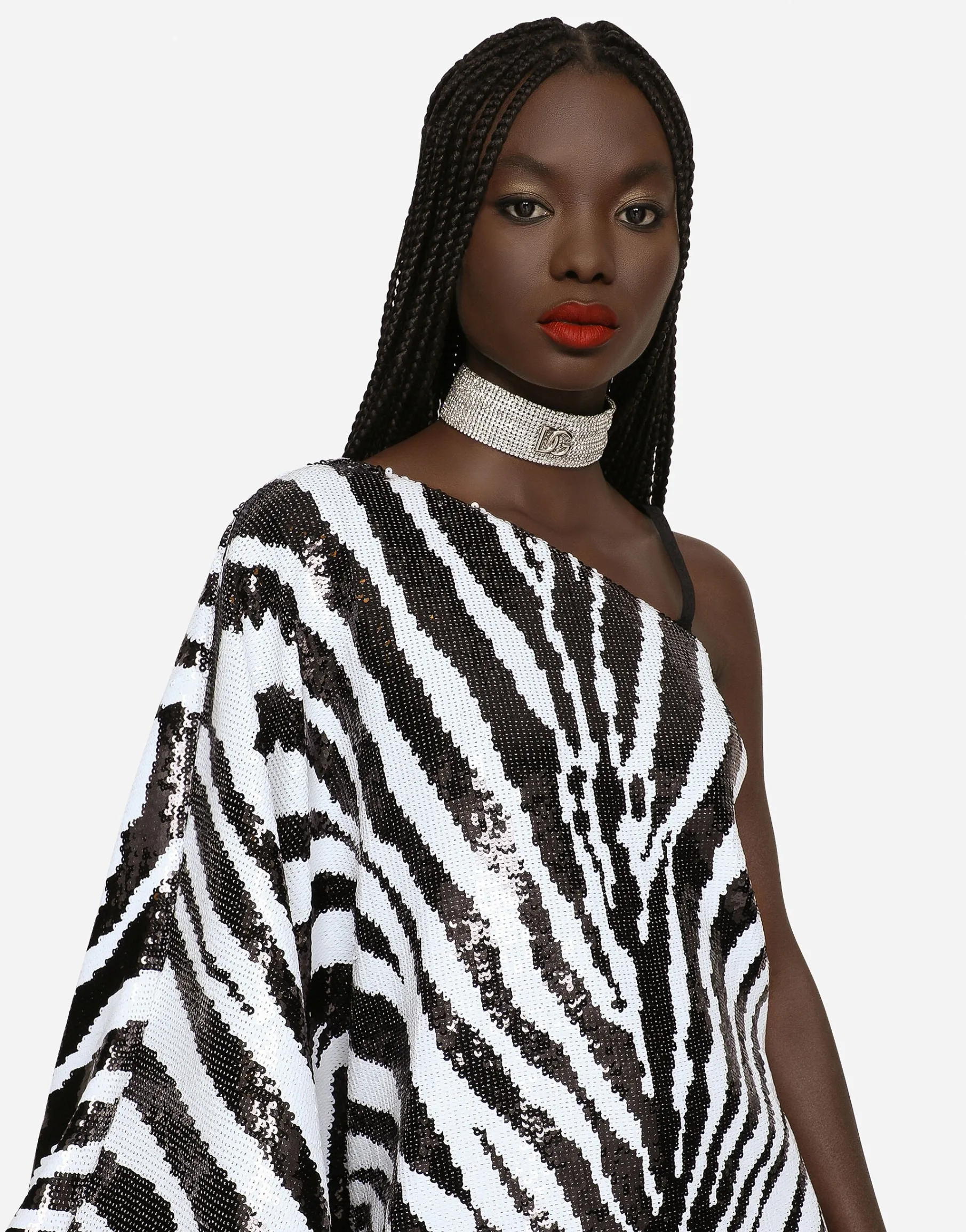 Short sequined one-shoulder dress with zebra print