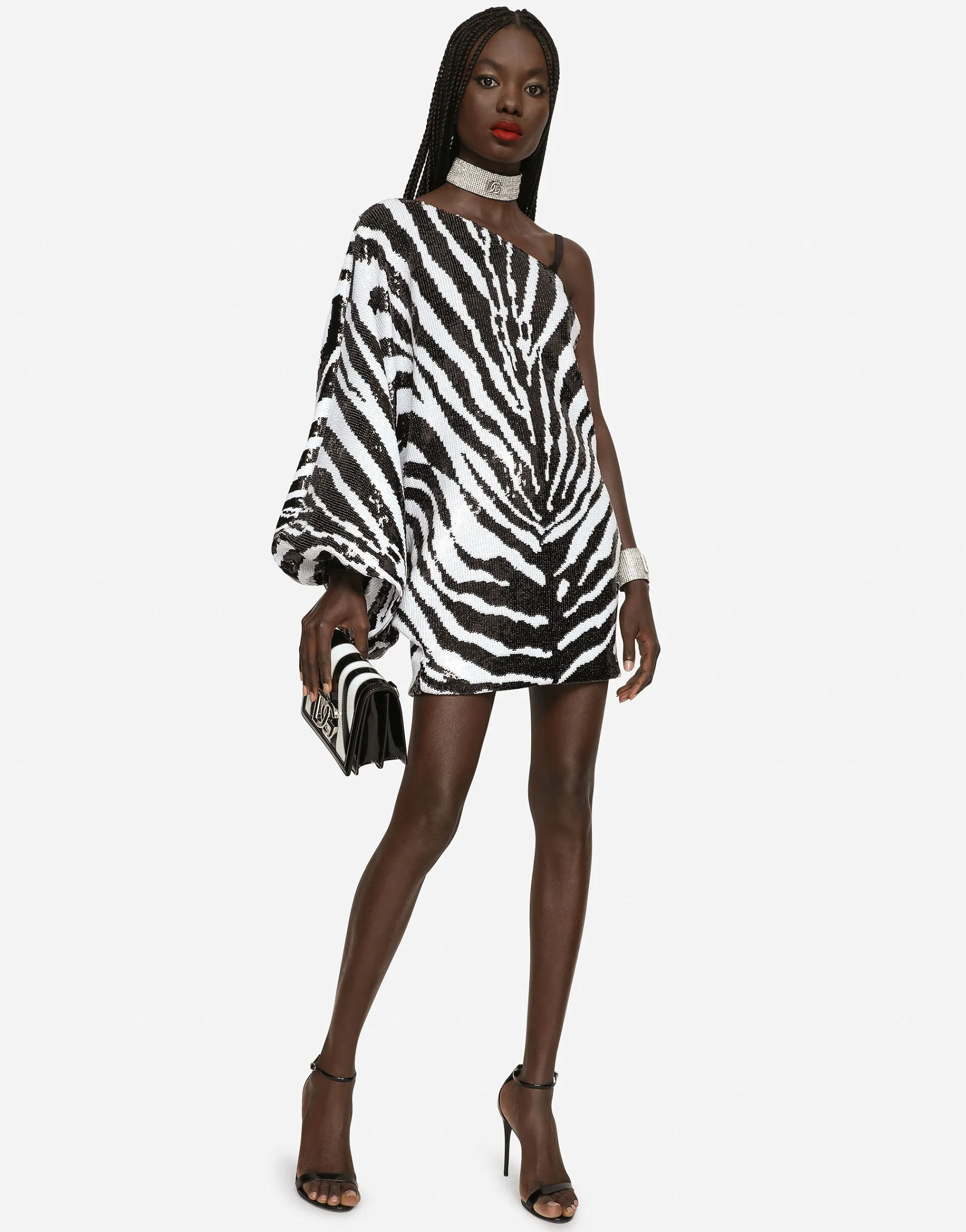 Short sequined one-shoulder dress with zebra print