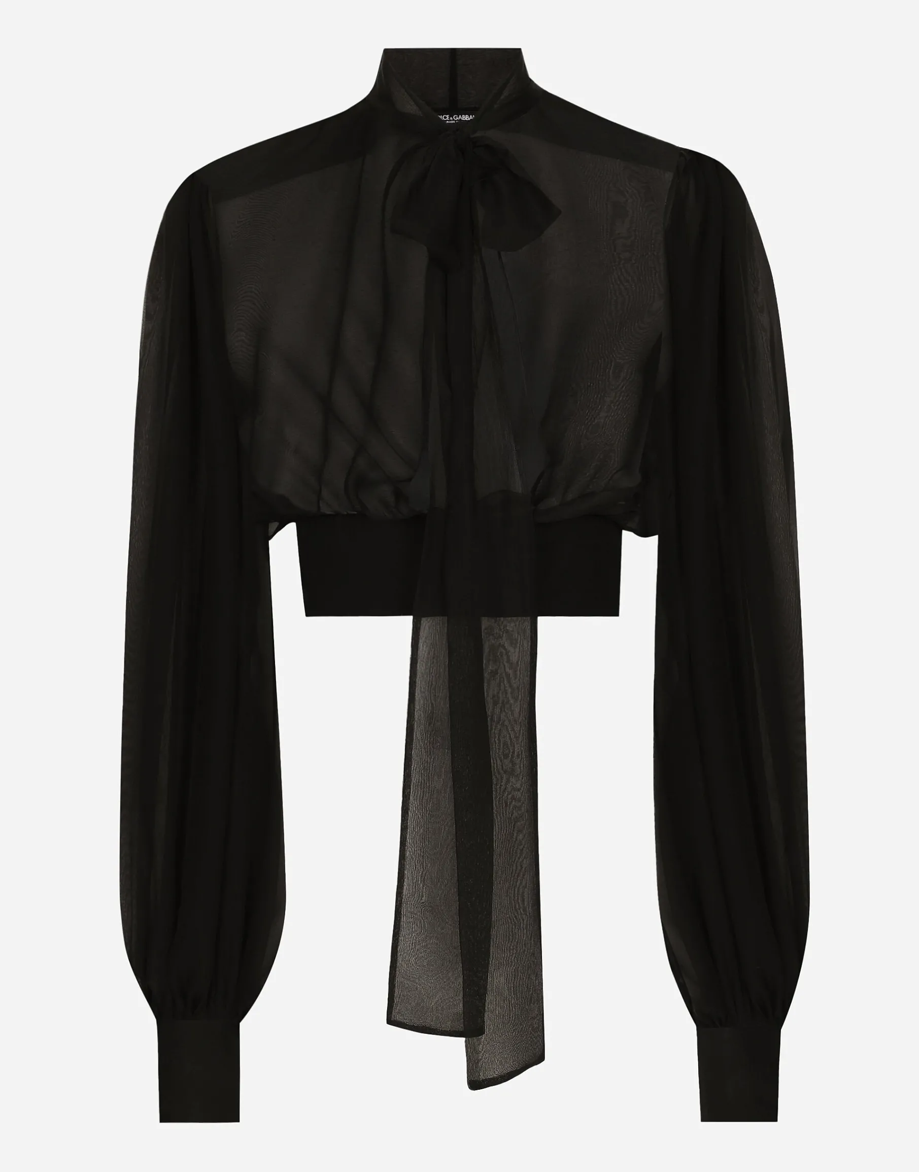 Short silk chiffon pussy-bow blouse