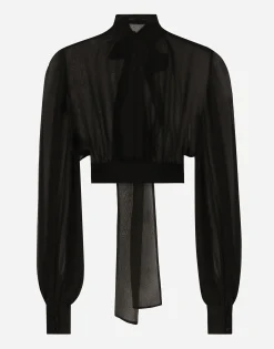 Short silk chiffon pussy-bow blouse