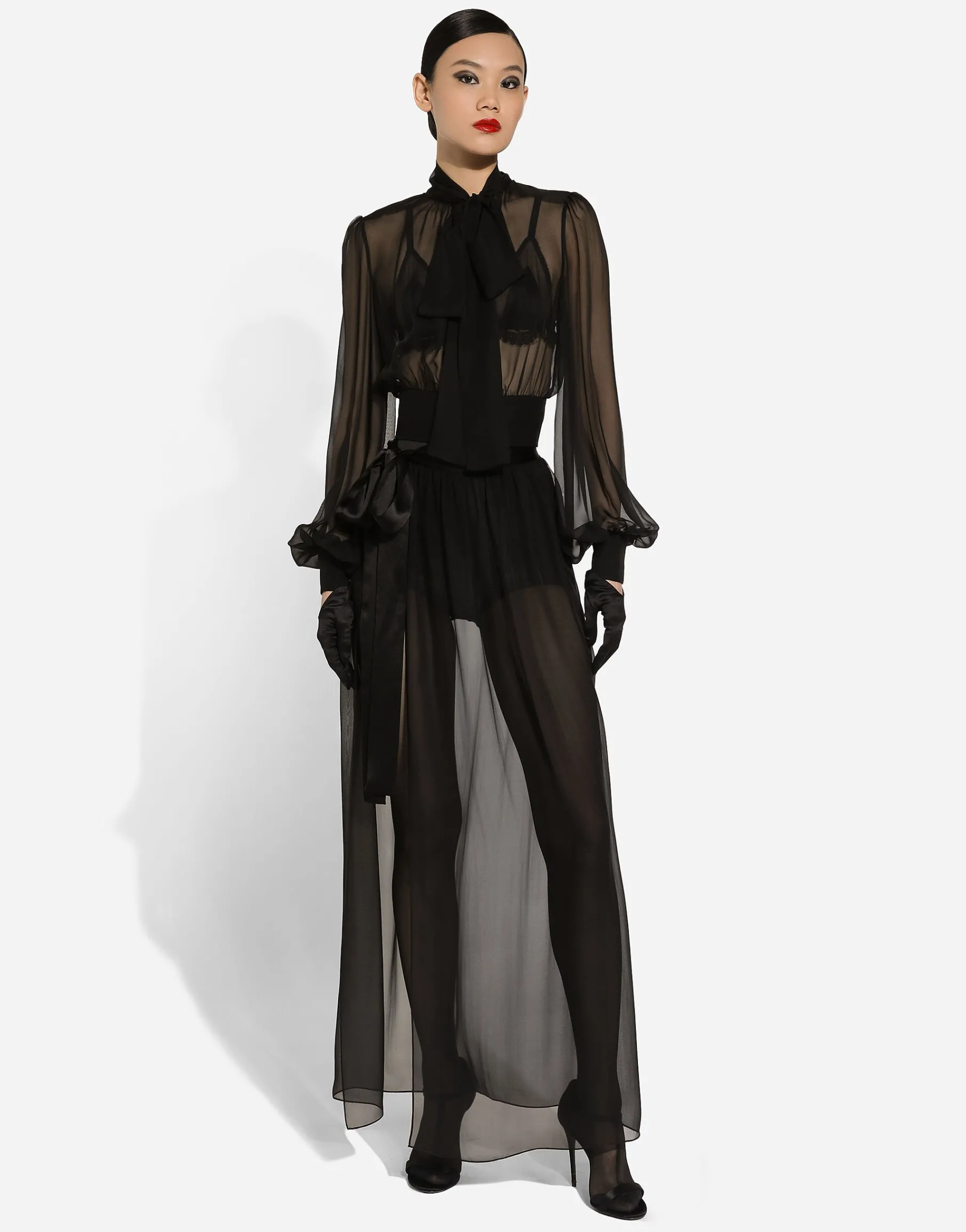 Short silk chiffon pussy-bow blouse