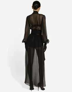 Short silk chiffon pussy-bow blouse
