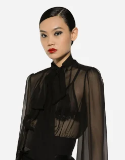 Short silk chiffon pussy-bow blouse