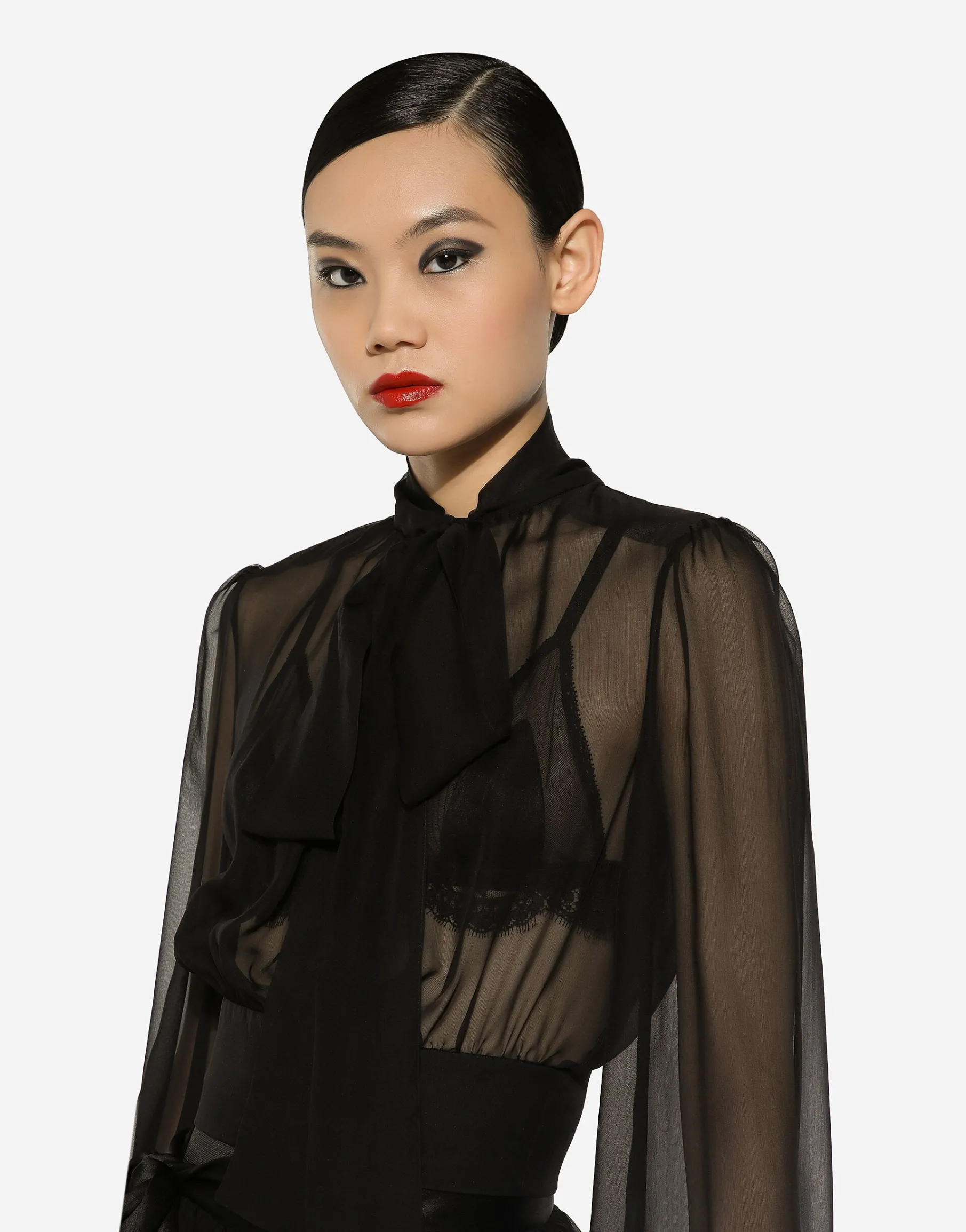 Short silk chiffon pussy-bow blouse
