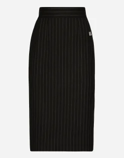 Short straight-cut pinstripe wool skirt