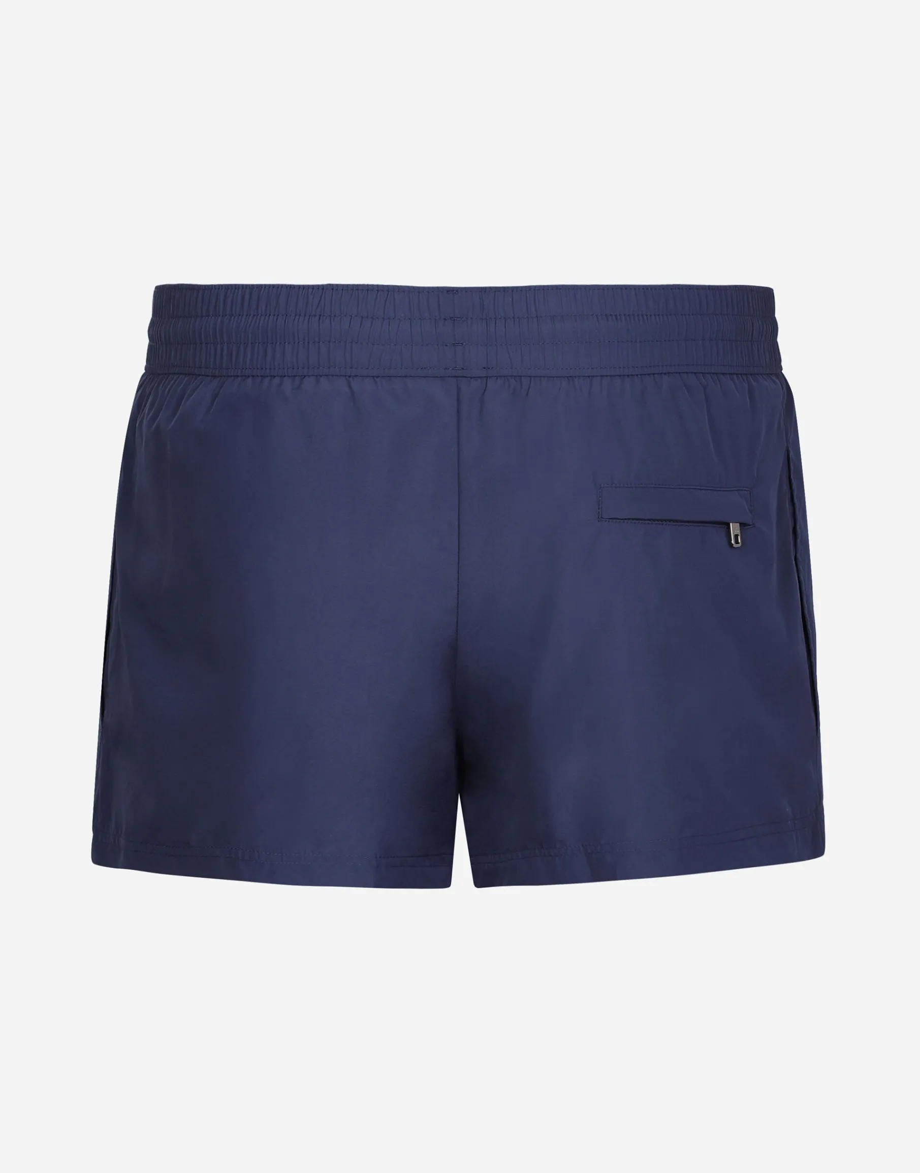 Short swim trunks with branded tag