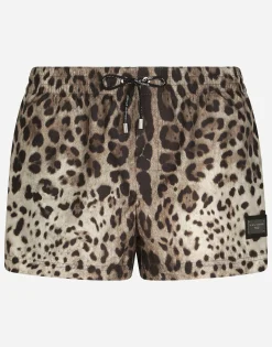 Short swim trunks with leopard print