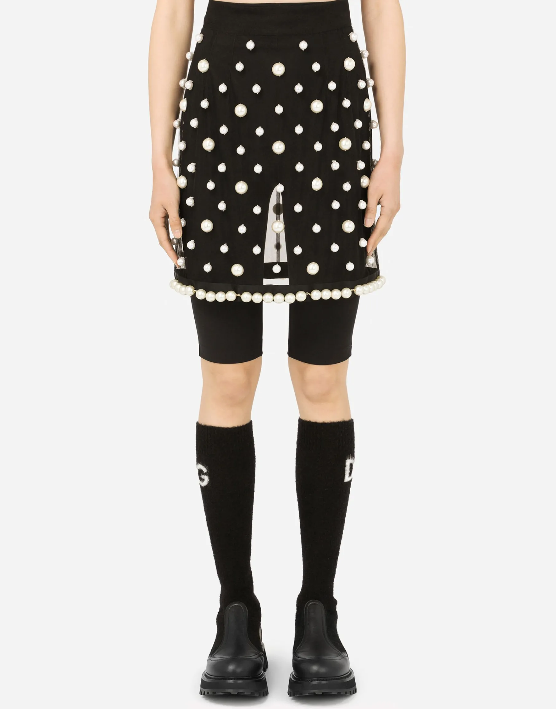 Short tulle skirt with pearl embellishment