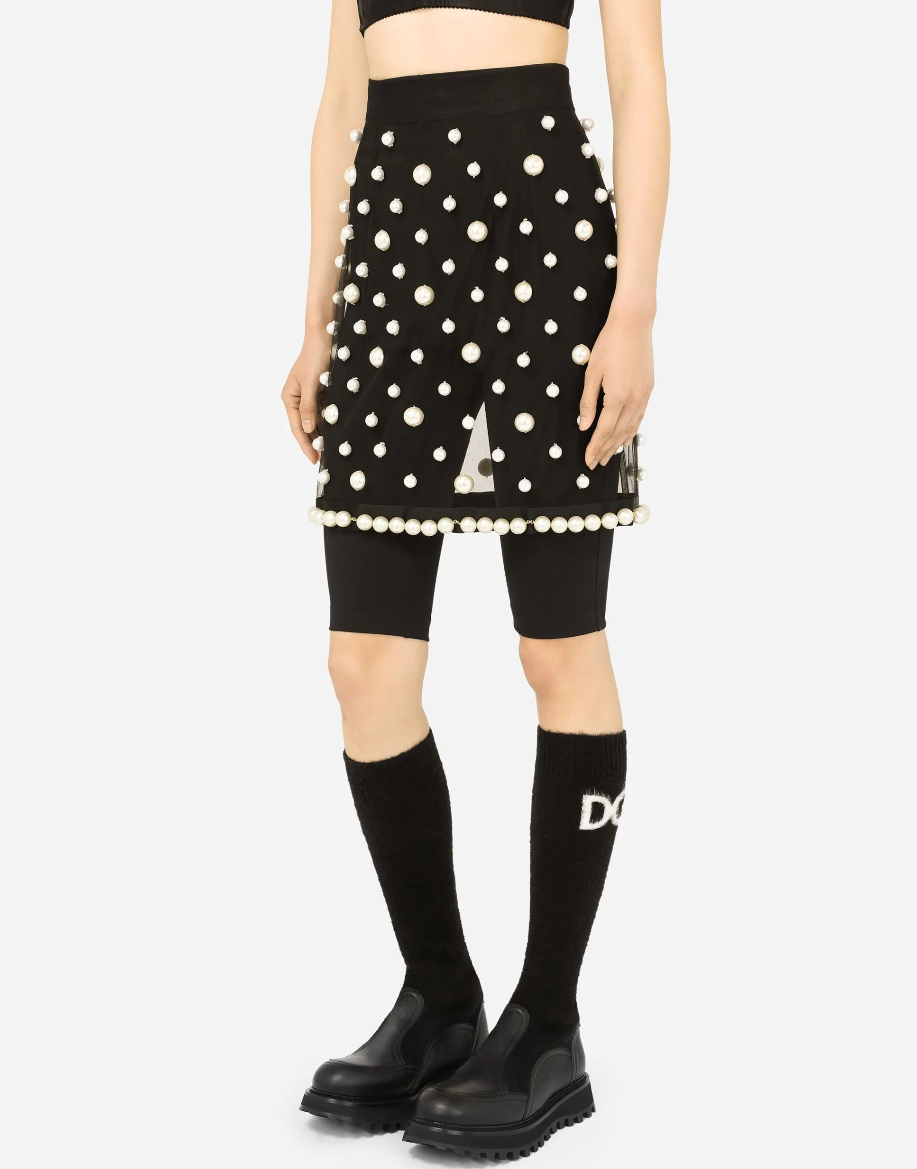 Short tulle skirt with pearl embellishment