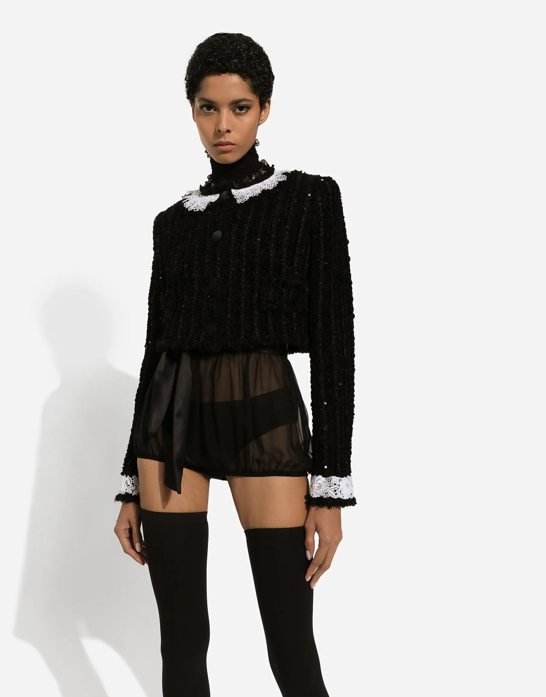 Short tweed jacket with micro-sequin embellishment