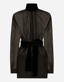 Short wool crepe and organza dress