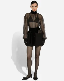 Short wool crepe and organza dress