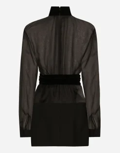 Short wool crepe and organza dress