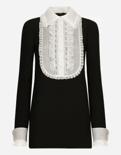 Short wool crepe dress with organza shirt front